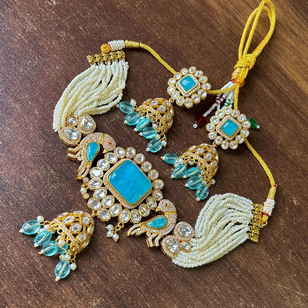JCM Gold Plated Polki Kundan Stone And Beads Choker Necklace Set
