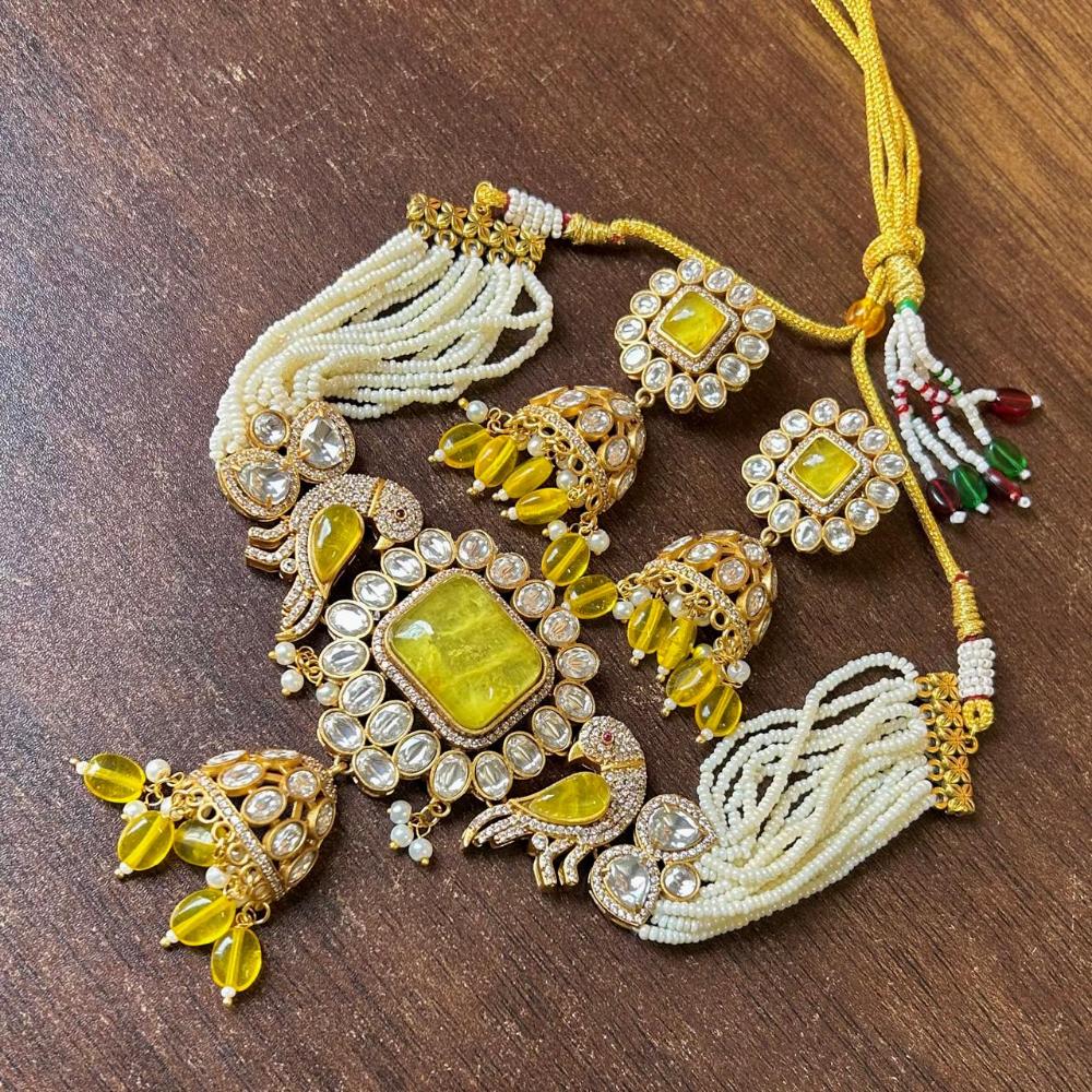 JCM Gold Plated Polki Kundan Stone And Beads Choker Necklace Set