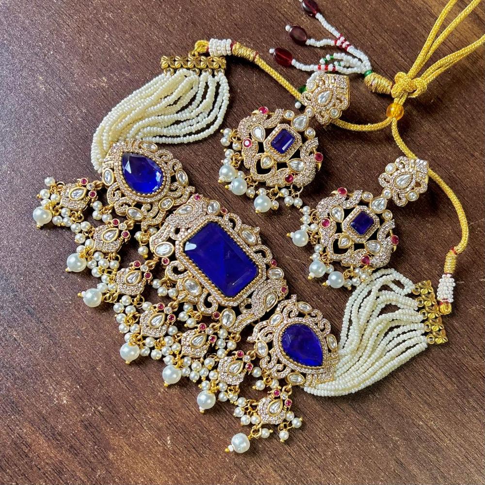 JCM Gold Plated Polki Kundan Stone And Beads Choker Necklace Set