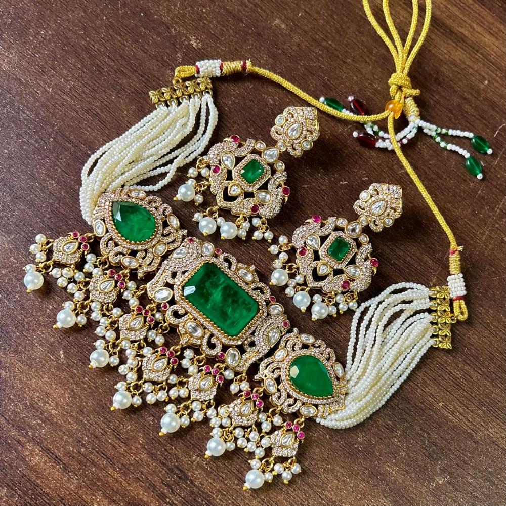JCM Gold Plated Polki Kundan Stone And Beads Choker Necklace Set