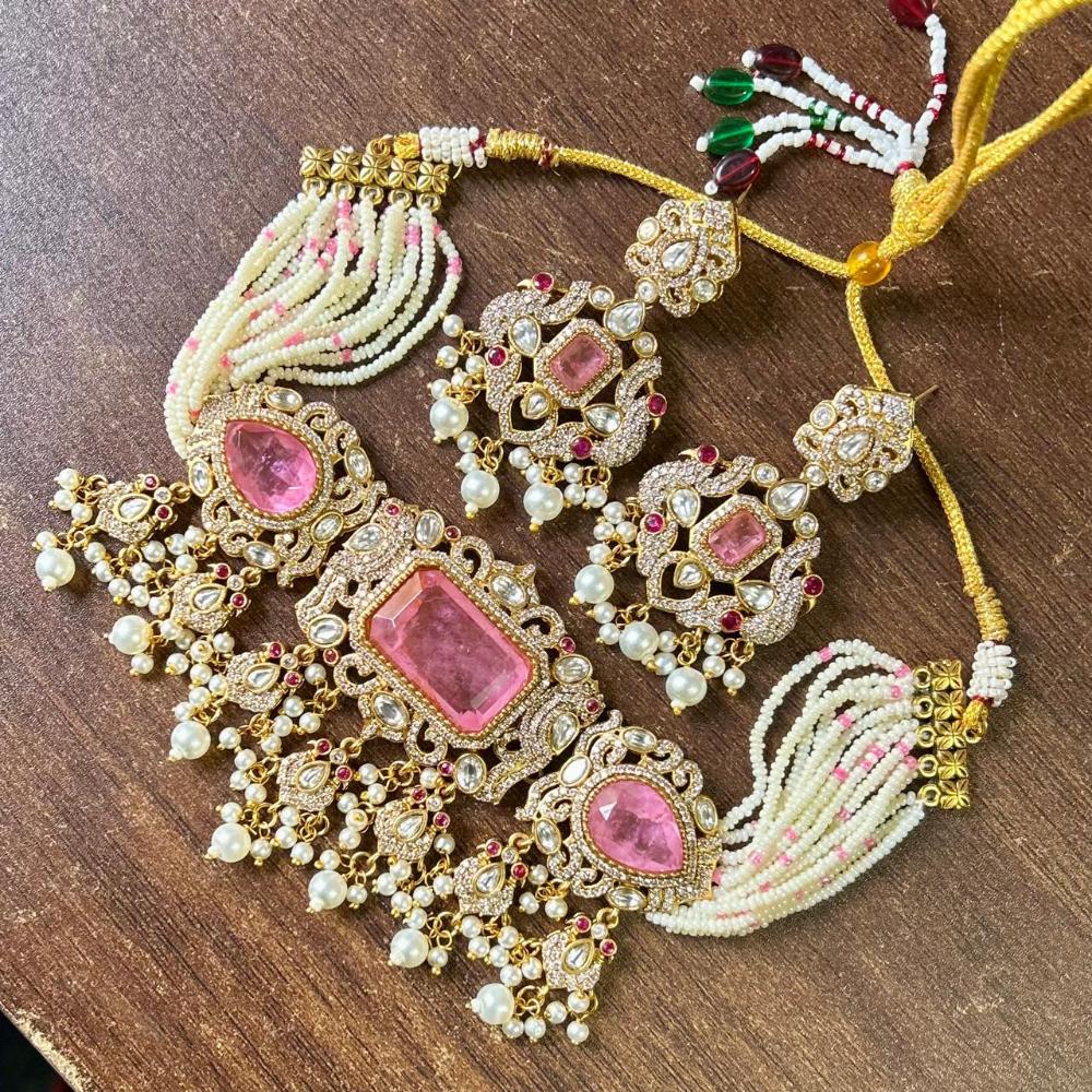 JCM Gold Plated Polki Kundan Stone And Beads Choker Necklace Set