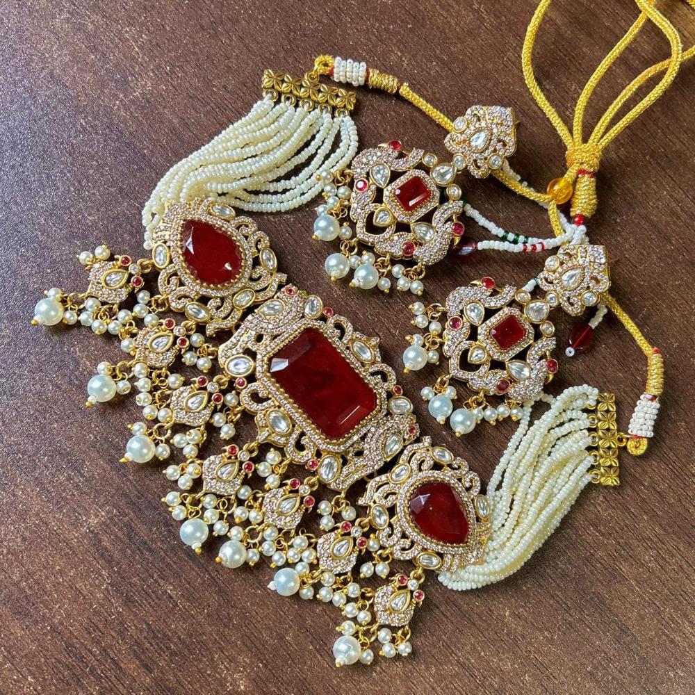 JCM Gold Plated Polki Kundan Stone And Beads Choker Necklace Set