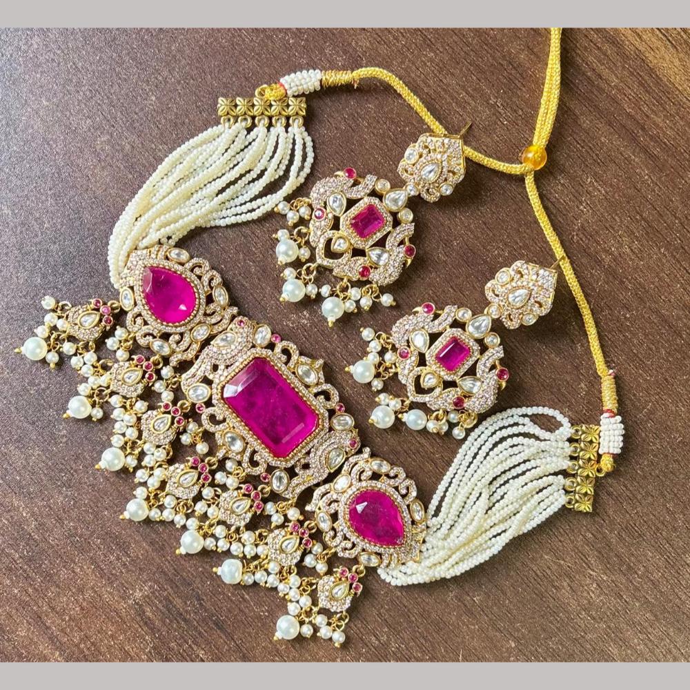 JCM Gold Plated Polki Kundan Stone And Beads Choker Necklace Set