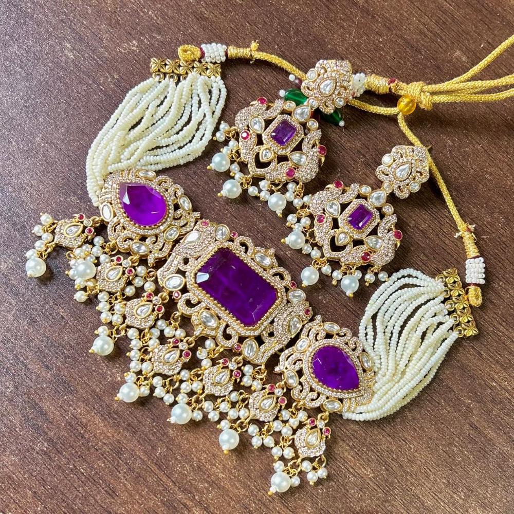 JCM Gold Plated Polki Kundan Stone And Beads Choker Necklace Set