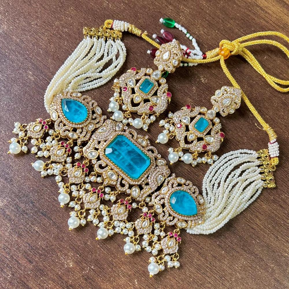 JCM Gold Plated Polki Kundan Stone And Beads Choker Necklace Set