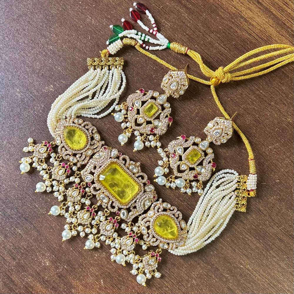 JCM Gold Plated Polki Kundan Stone And Beads Choker Necklace Set