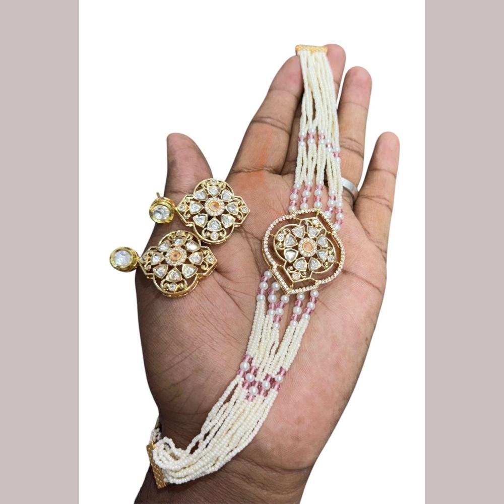 JCM Gold Plated American Diamond And Pearl Choker Necklace Set