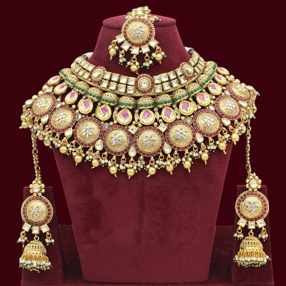 JCM Gold Plated Kundan Stone And Pearls Choker Necklace Set