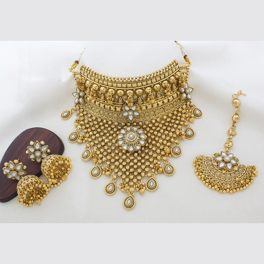 JCM Gold Plated Kundan Stone And Pearls Choker  Necklace Set