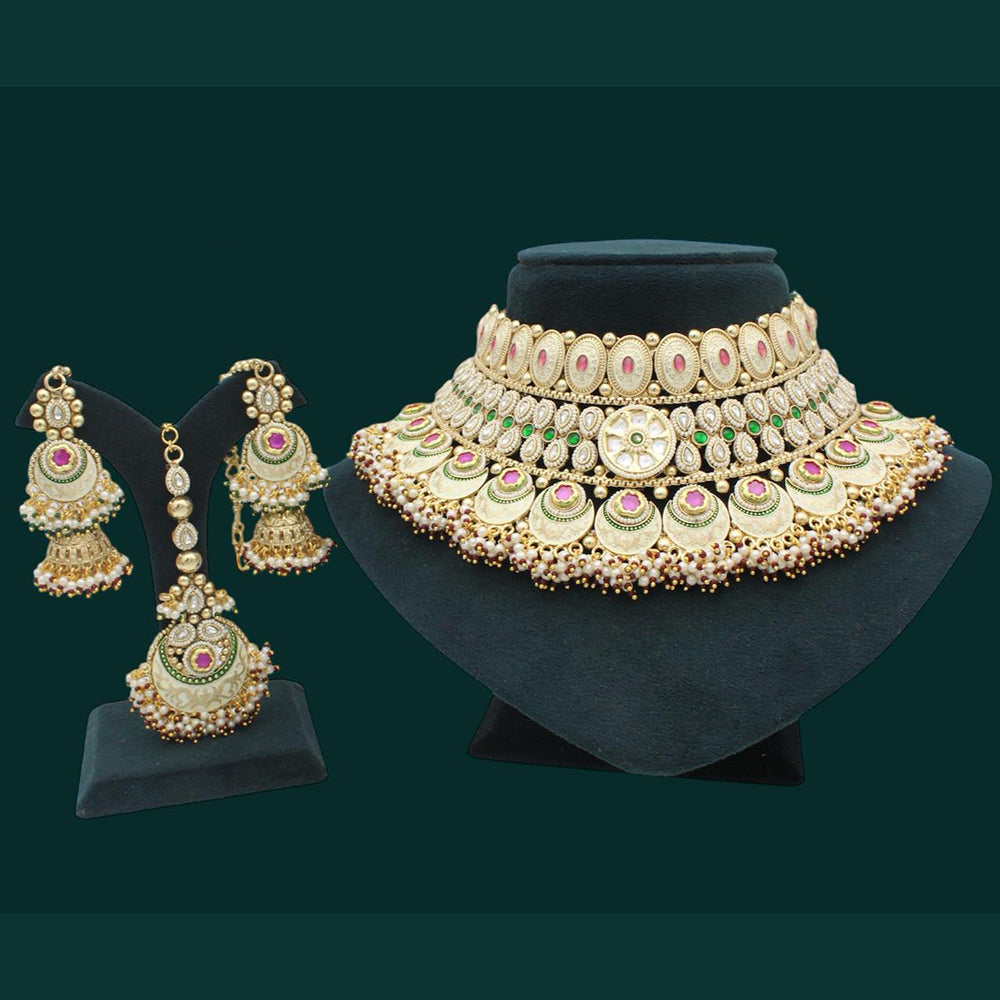 JCM Gold Plated Kundan Stone And Pearls Meenakari Choker  Necklace Set