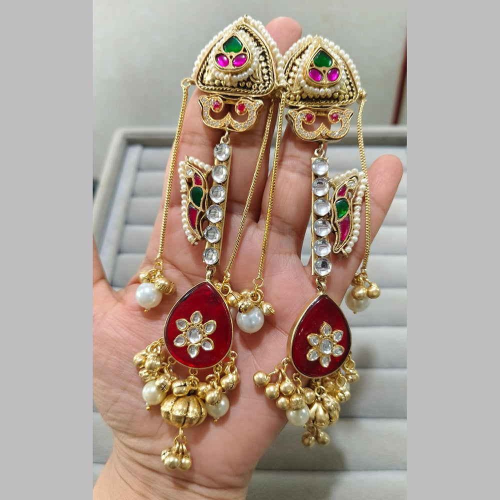 JCM Gold Plated Kundan And Pota Stone Dangler Earrings