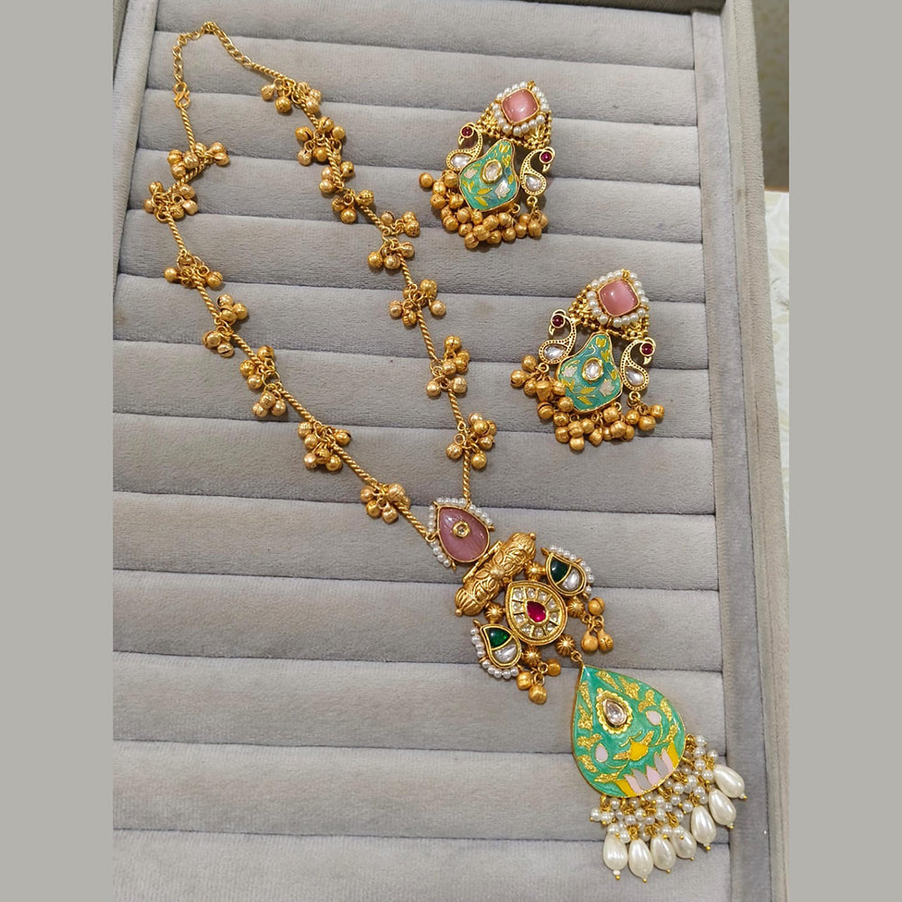 JCM Gold Plated Kundan And Pota Stone Long Necklace Set