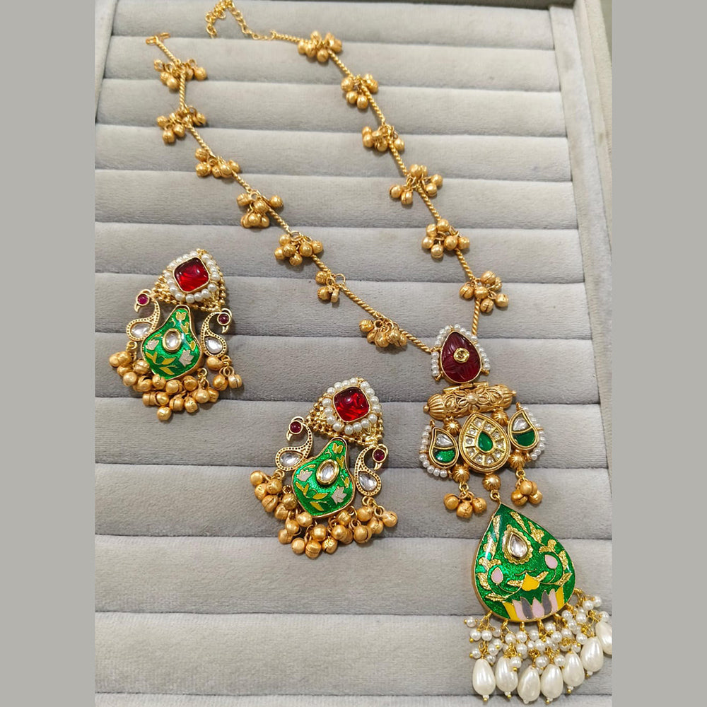 JCM Gold Plated Kundan And Pota Stone Long Necklace Set
