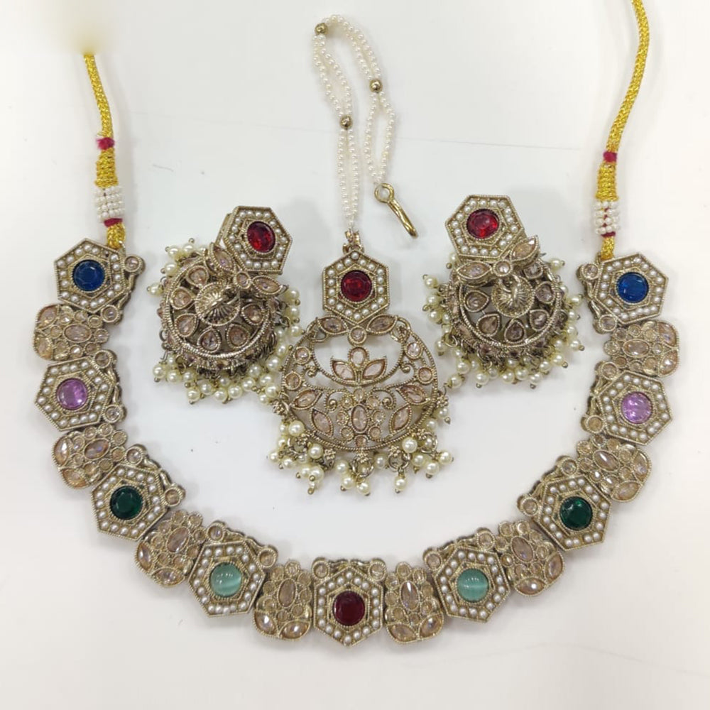 JCM Gold Plated Crystal Stone And Pearl Necklace Set