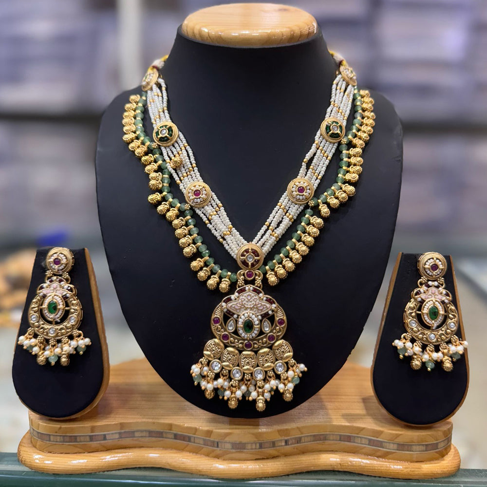 JCM Gold Plated Pota Stone And Pearls Meenakari Long Necklace Set
