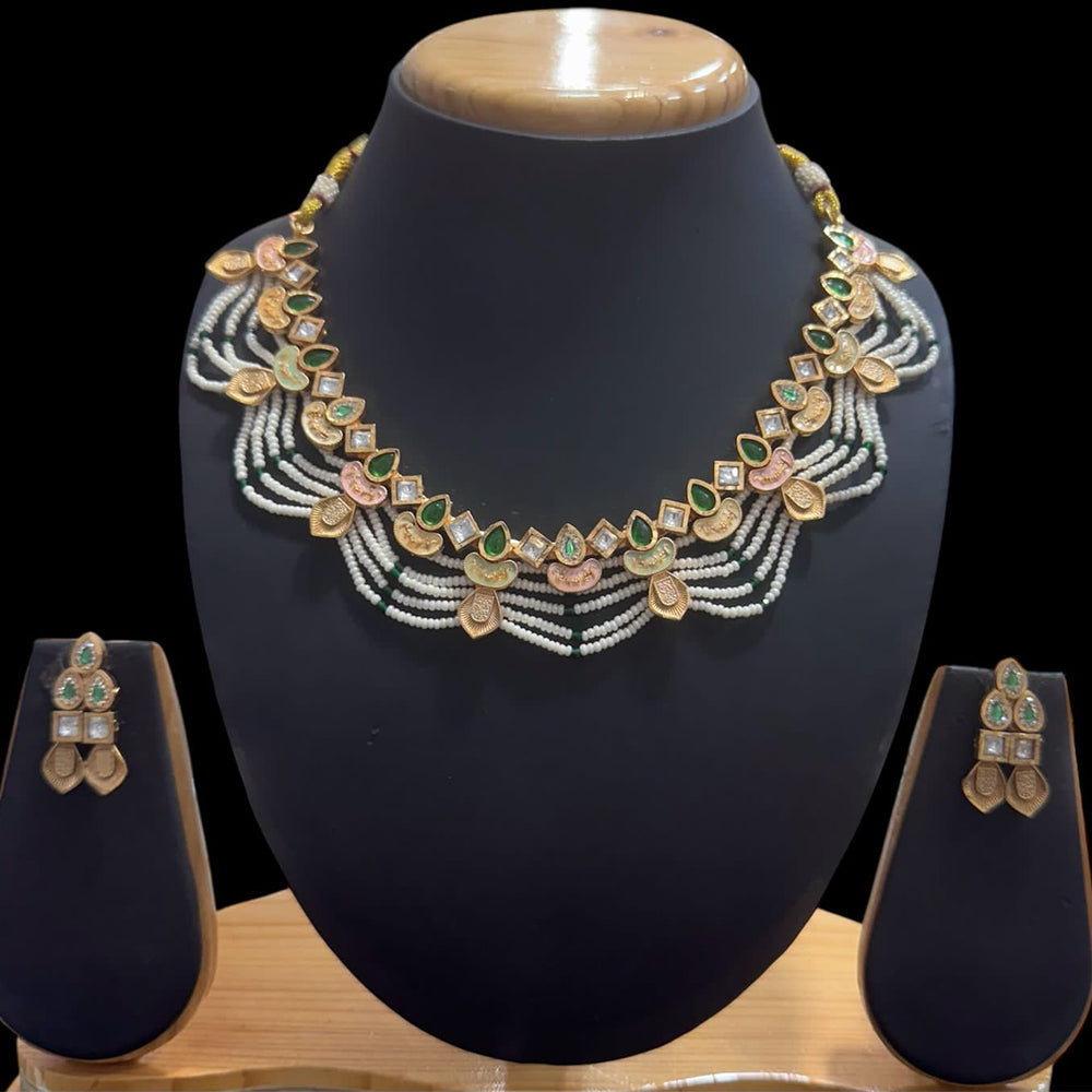 JCM Gold Plated Pota Stone And Pearls Meenakari Necklace Set