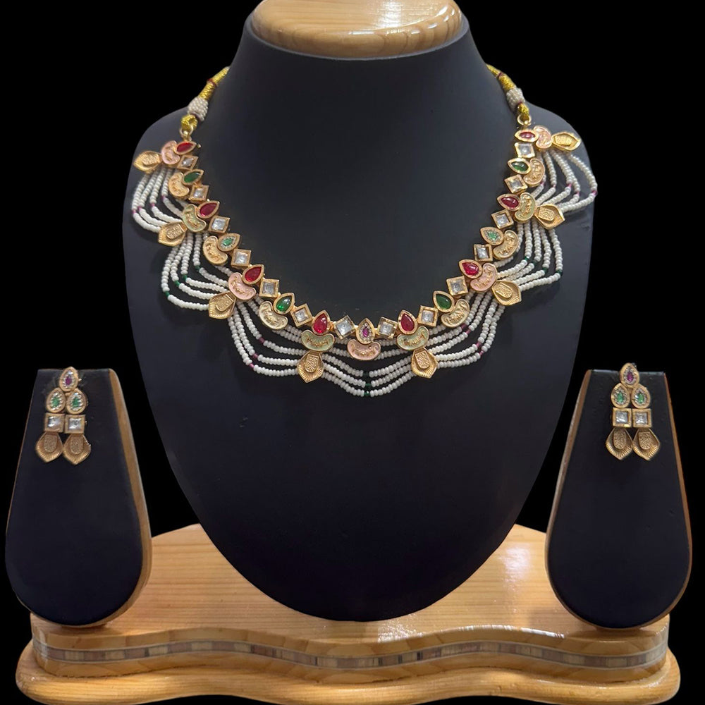 JCM Gold Plated Pota Stone And Pearls Meenakari Necklace Set