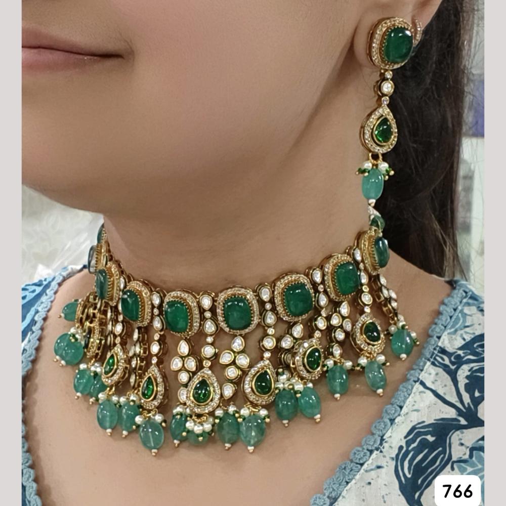 JCM Gold Plated Pota Stone And Polki Kundan Necklace Set