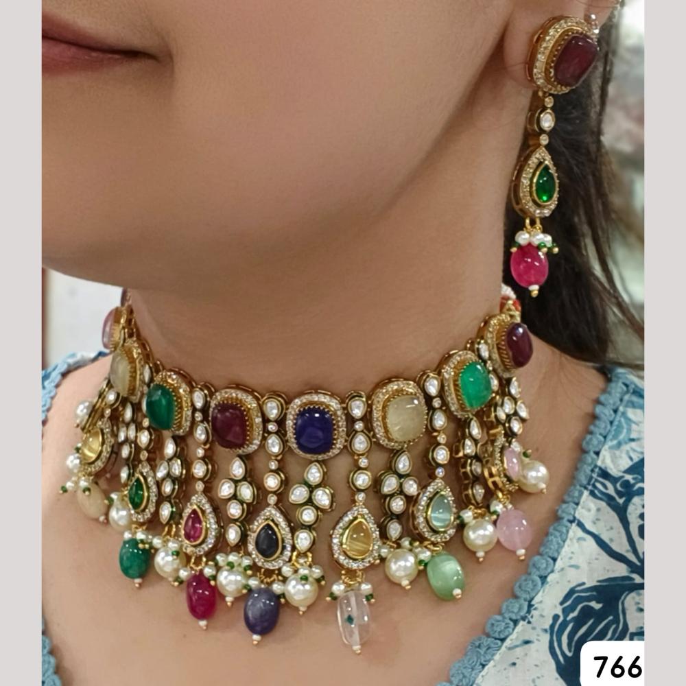 JCM Gold Plated Pota Stone And Polki Kundan Necklace Set