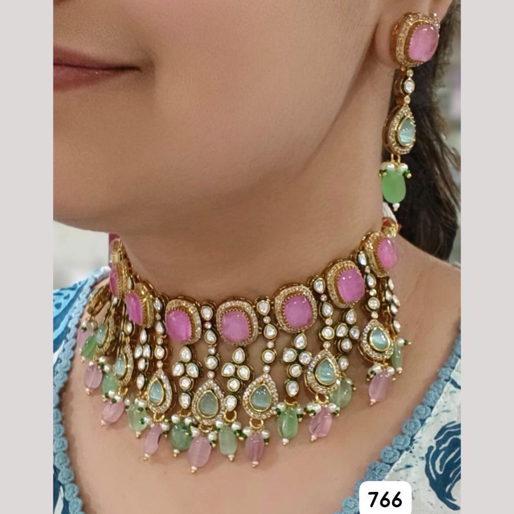 JCM Gold Plated Pota Stone And Polki Kundan Necklace Set