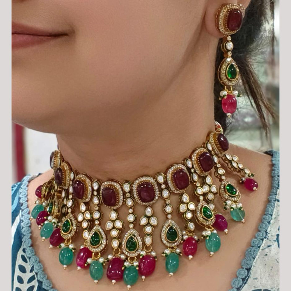 JCM Gold Plated Pota Stone And Polki Kundan Necklace Set
