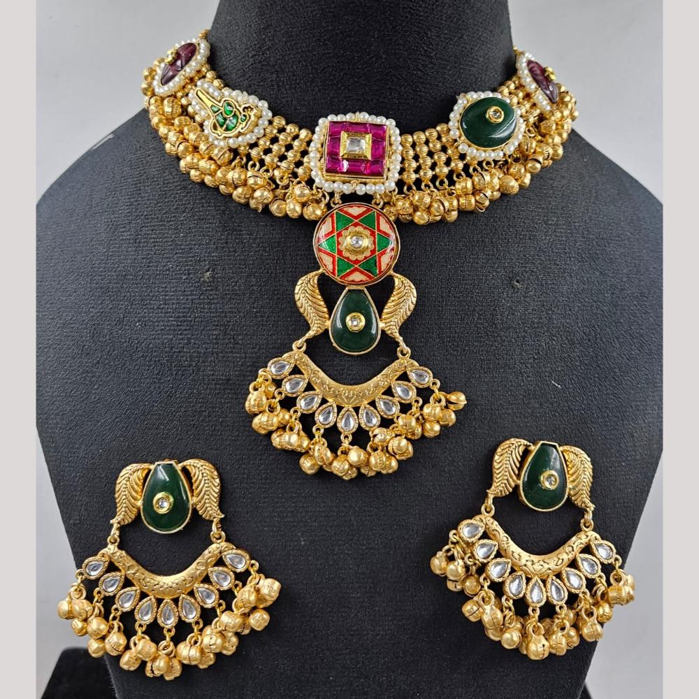JCM Gold Plated Pota Stone And Polki Kundan Necklace Set