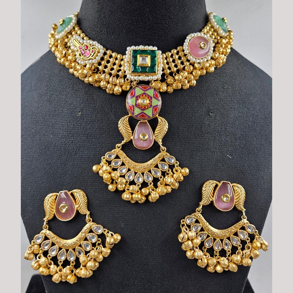 JCM Gold Plated Pota Stone And Polki Kundan Necklace Set