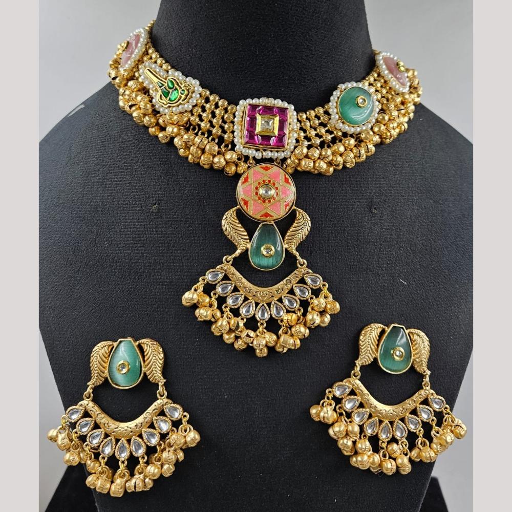 JCM Gold Plated Pota Stone And Polki Kundan Necklace Set