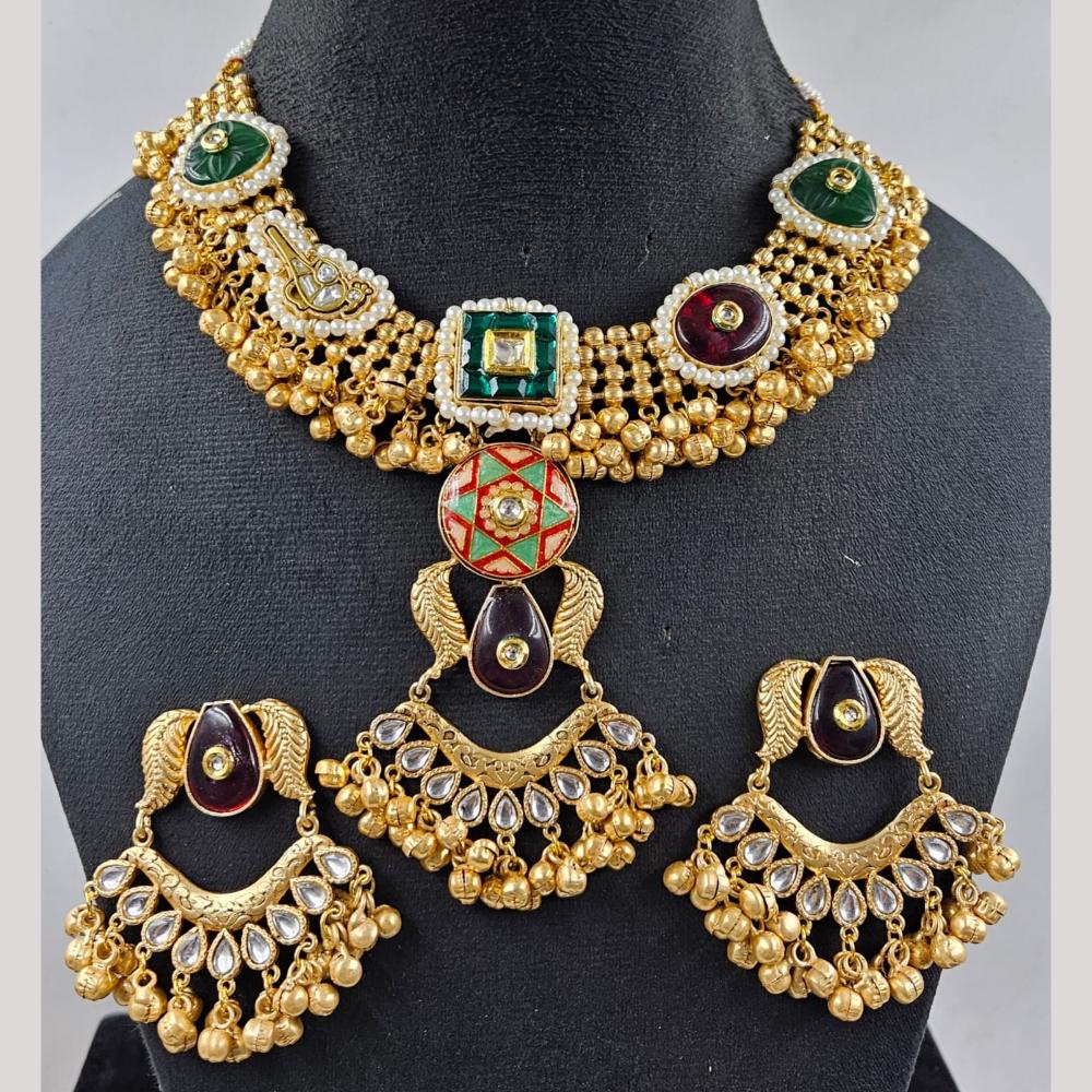 JCM Gold Plated Pota Stone And Polki Kundan Necklace Set