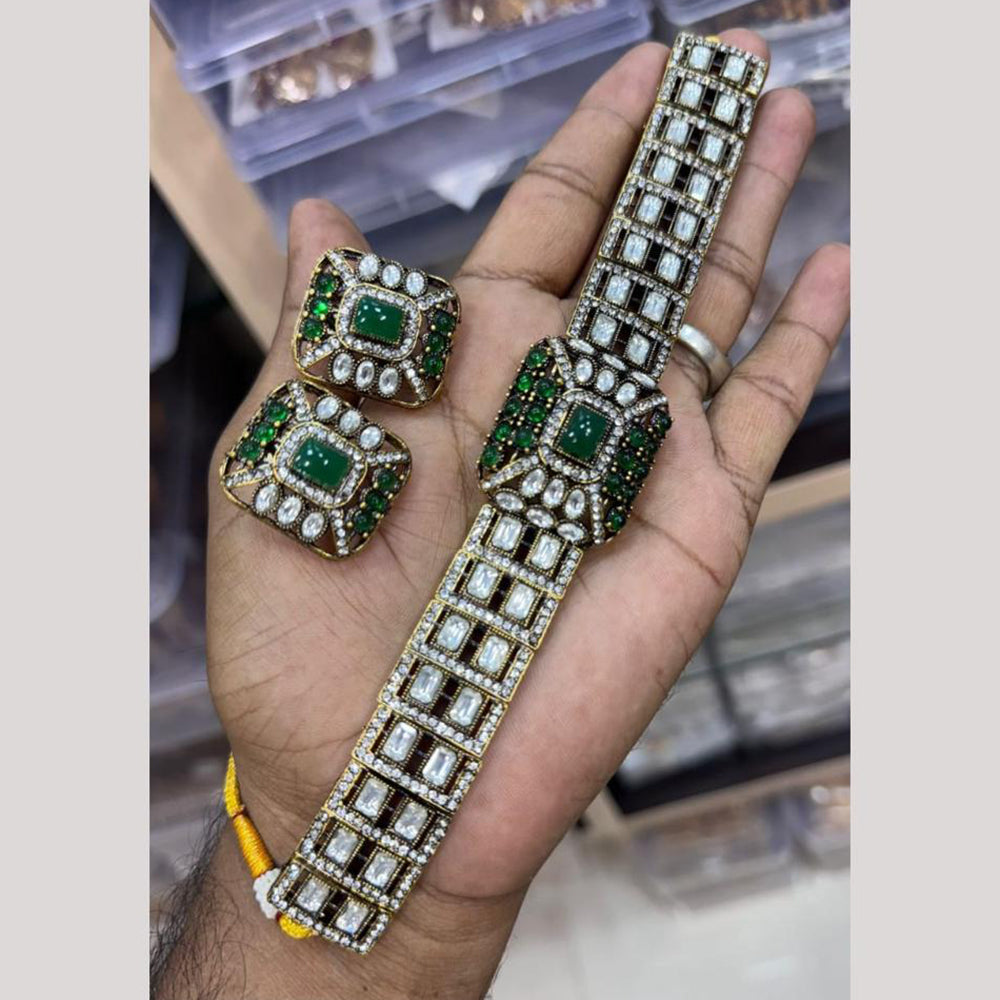 JCM Silver Plated Pota Stone And Polki Kundan Choker Necklace Set