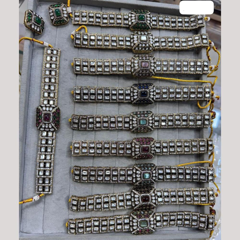 JCM Silver Plated Pota Stone And Polki Kundan Choker Necklace Set