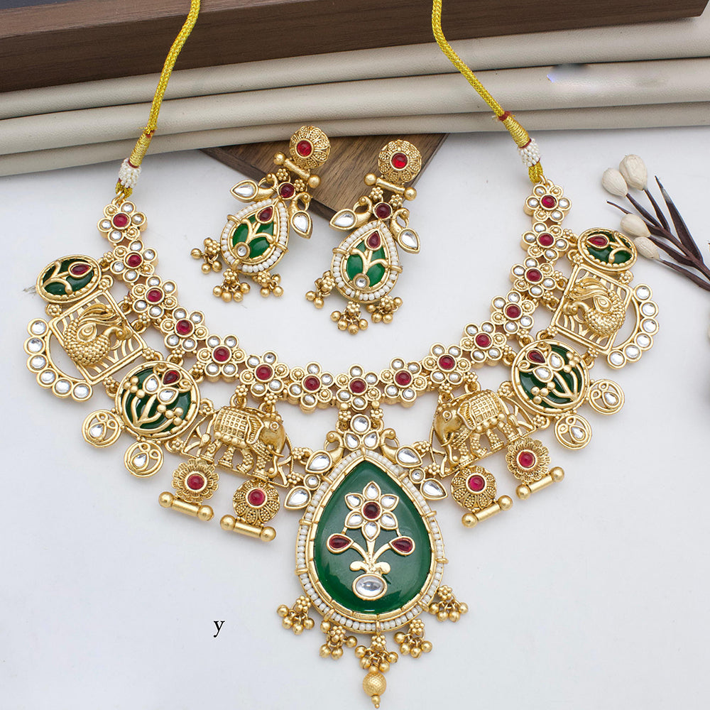 JCM Gold Plated Kundan And Pota Stone Necklace Set