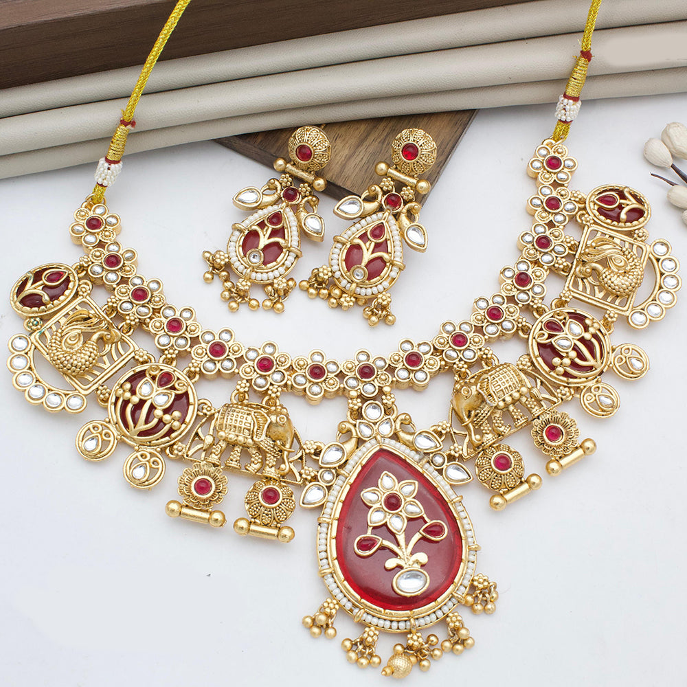 JCM Gold Plated Kundan And Pota Stone Necklace Set