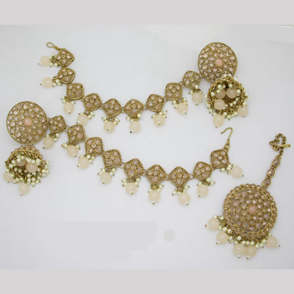 JCM Gold Plated Crystal Stone And Beads Jhumki With Maangtikka