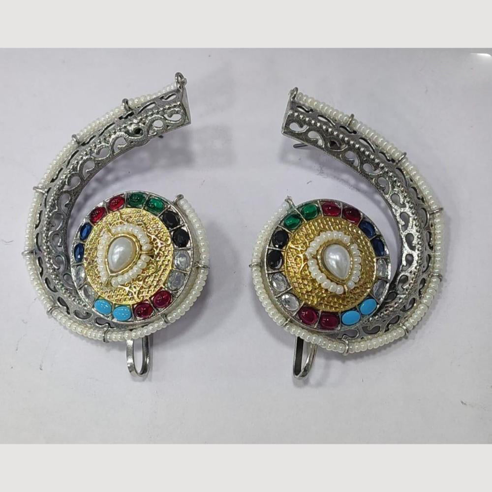 JCM 2 Tone Plated Pota Stone And Pearls Dangler Earrings