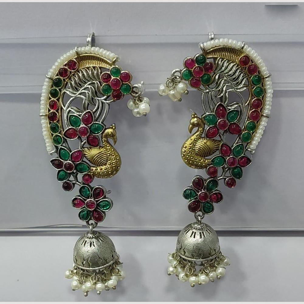 JCM 2 Tone Plated Pota Stone And Pearls Jhumki Earrings
