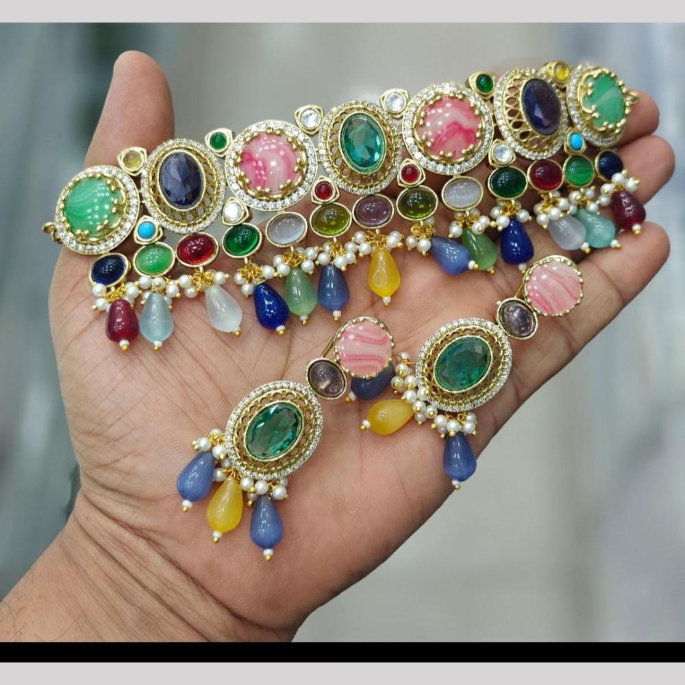 JCM Gold Plated Multi Color Pota Choker Necklace Set