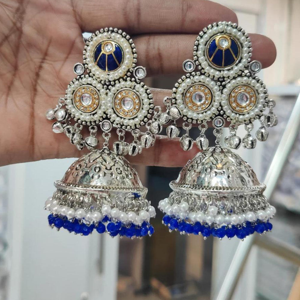 JCM 2 Tone Plated Pota Stone And Pearls Jhumki Earrings