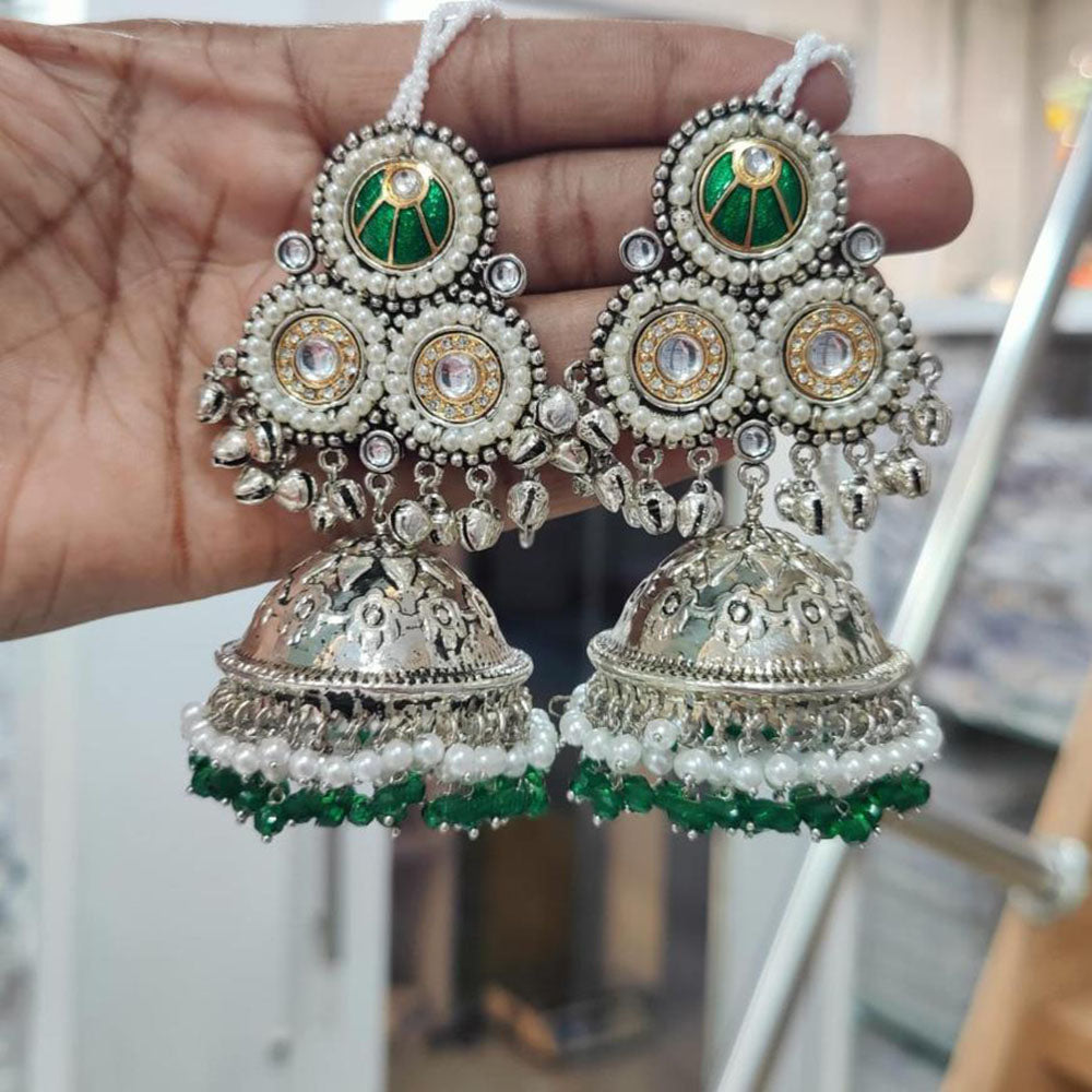 JCM 2 Tone Plated Pota Stone And Pearls Jhumki Earrings