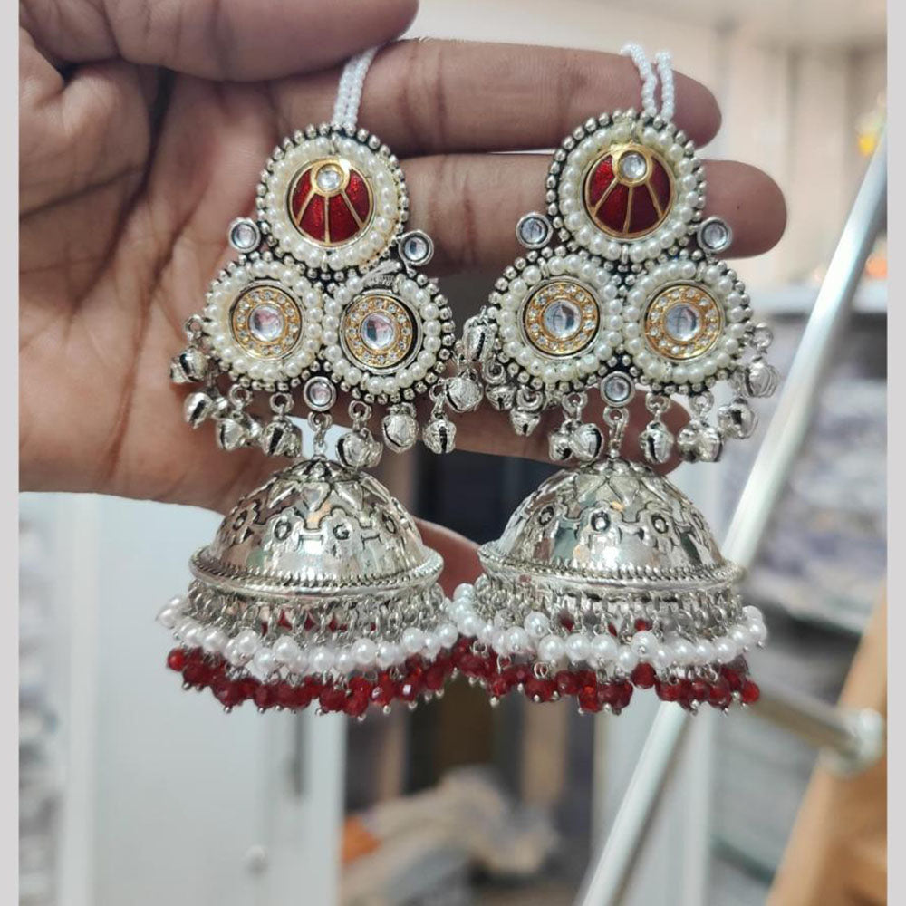 JCM 2 Tone Plated Pota Stone And Pearls Jhumki Earrings