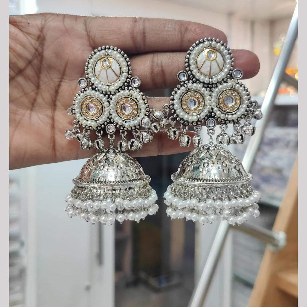 JCM 2 Tone Plated Pota Stone And Pearls Jhumki Earrings
