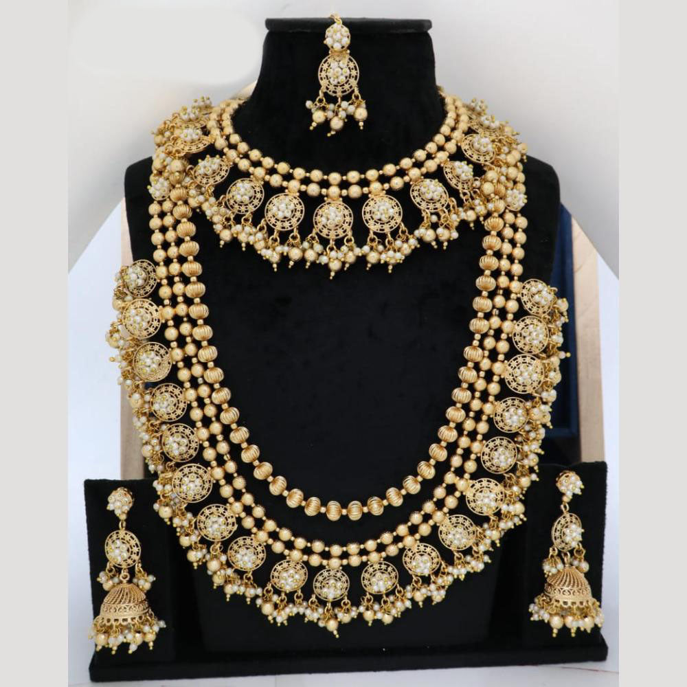 JCM Double Layer Pearl and Beads with Pota Stone Necklace Set with matching Jhumkis
