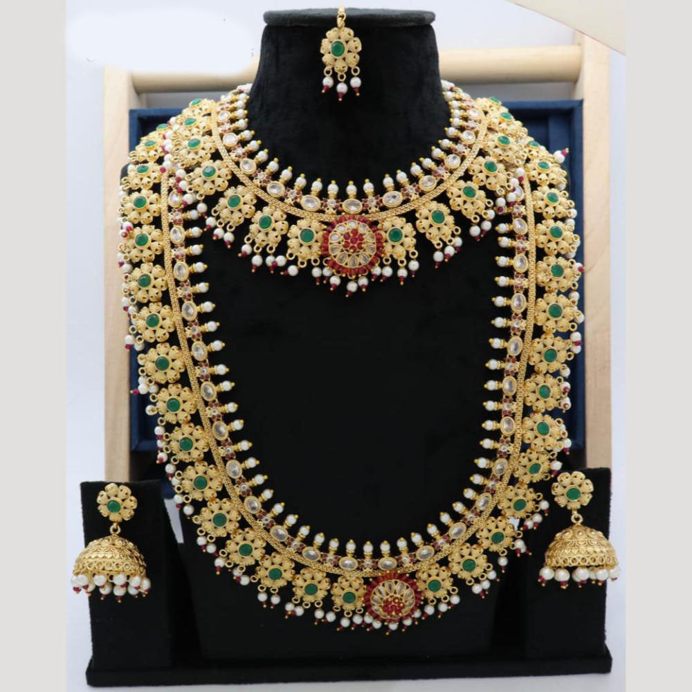 JCM Double Layer Pearl and Beads with Pota Stone Necklace Set with matching Jhumkis