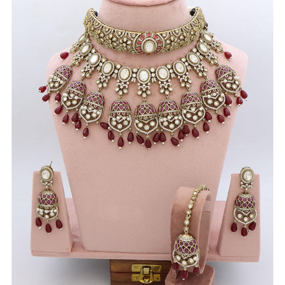 JCM Ethnic Polki Kundan Stone And Pearl Double Necklace Set
