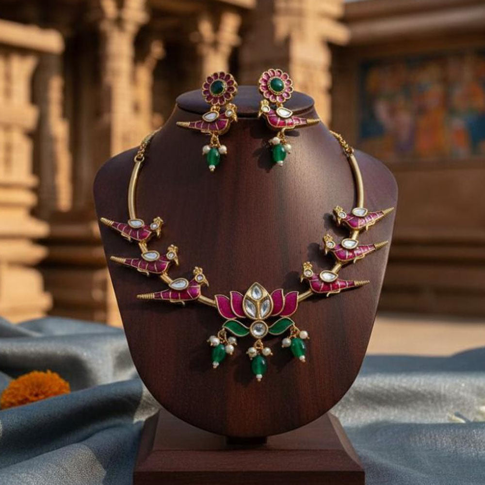 JCM Royal Bird Motifs Polki Kundan Stone With Beads Necklace Set