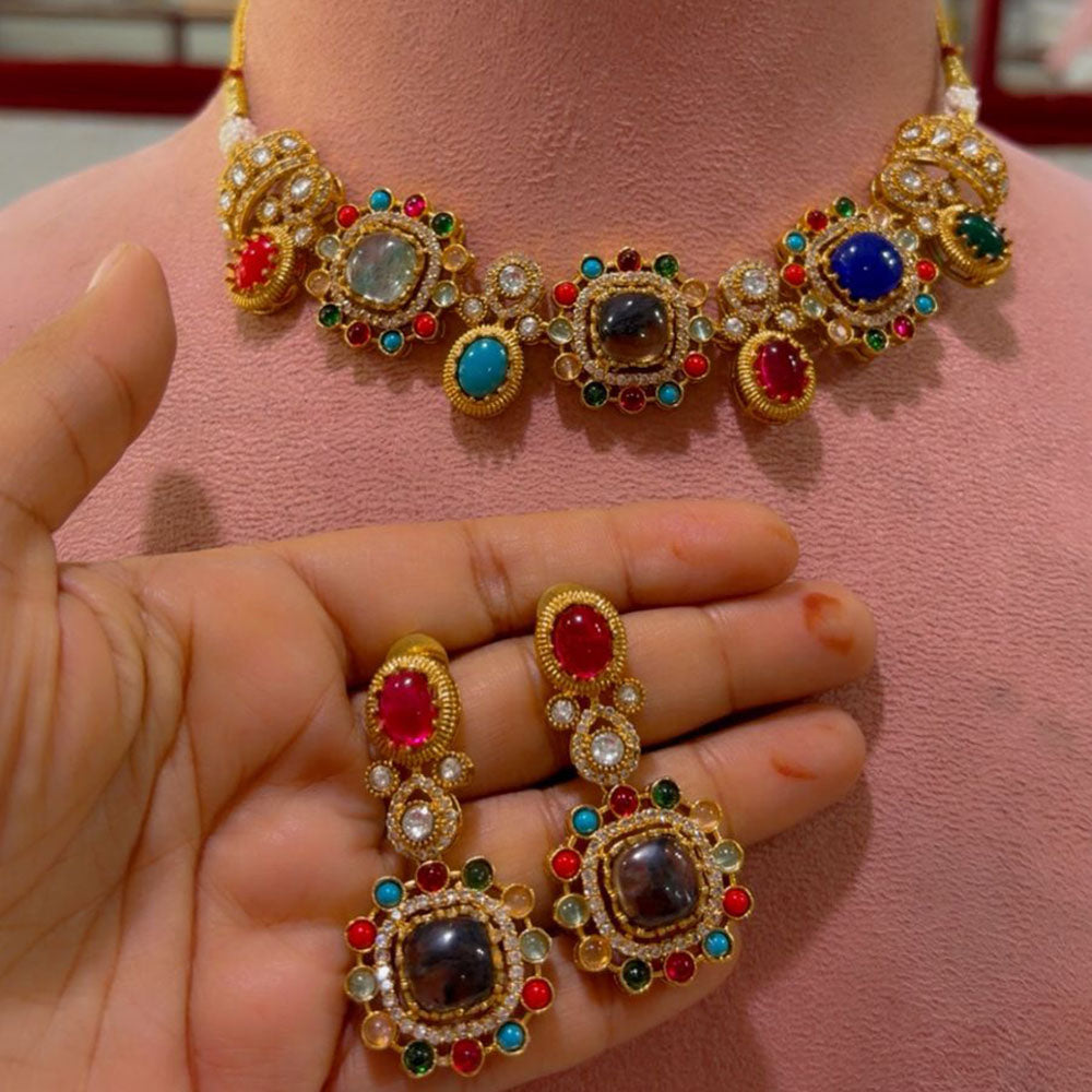JCM Premium Designer Pota Stone Multi Color Choker Necklace Set