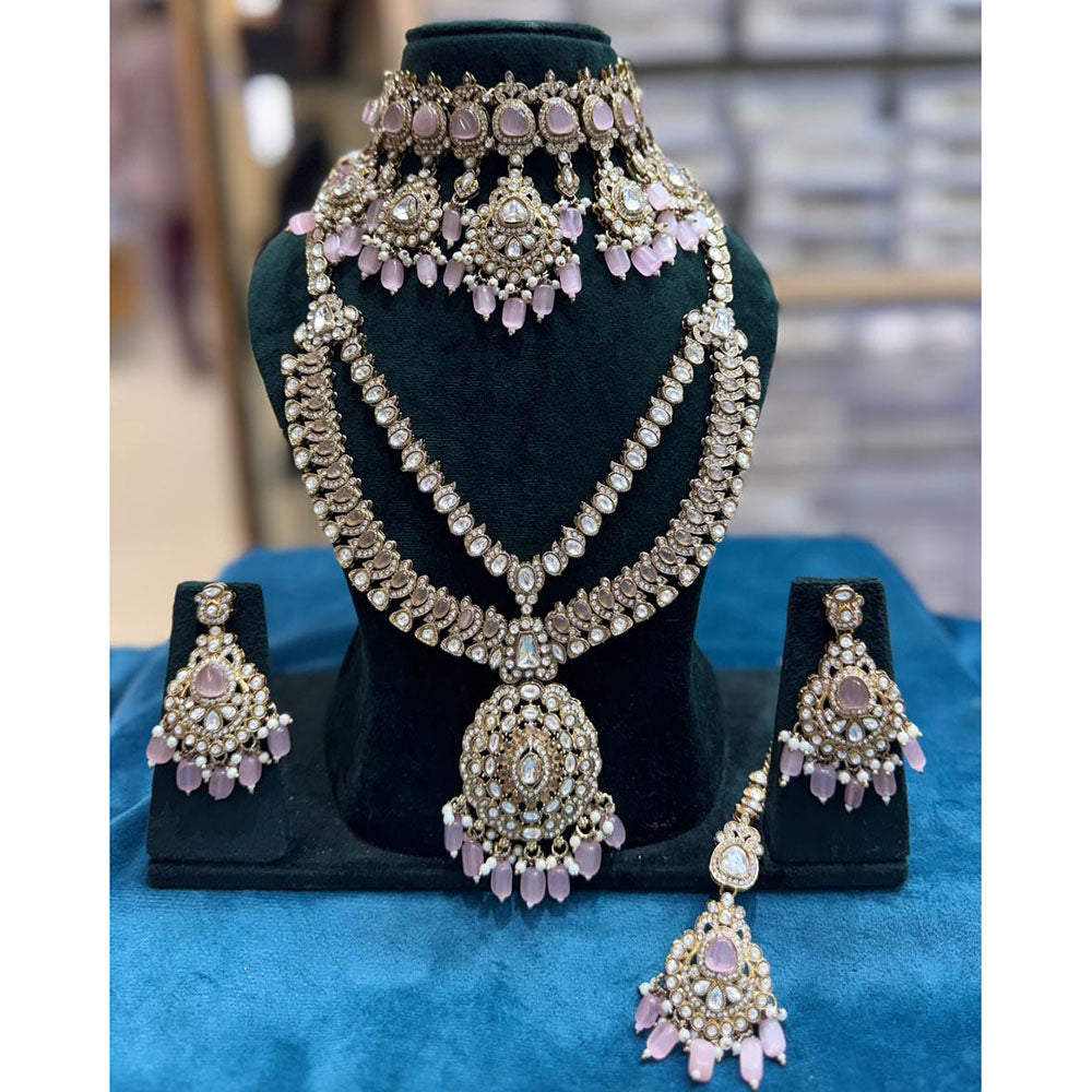 JCM Grand Polki Kundan Stone Pearl And Beads Double Necklace Set