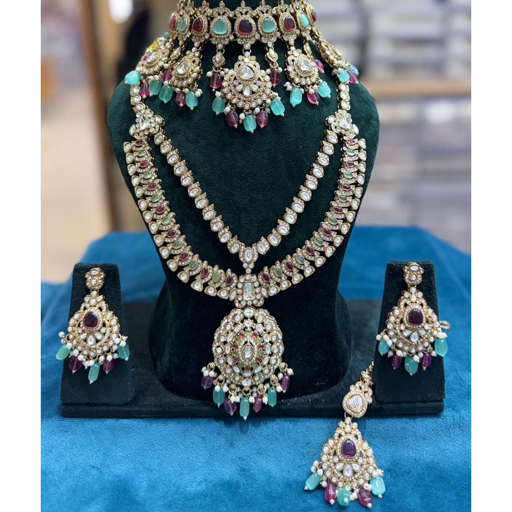 JCM Grand Polki Kundan Stone Pearl And Beads Double Necklace Set
