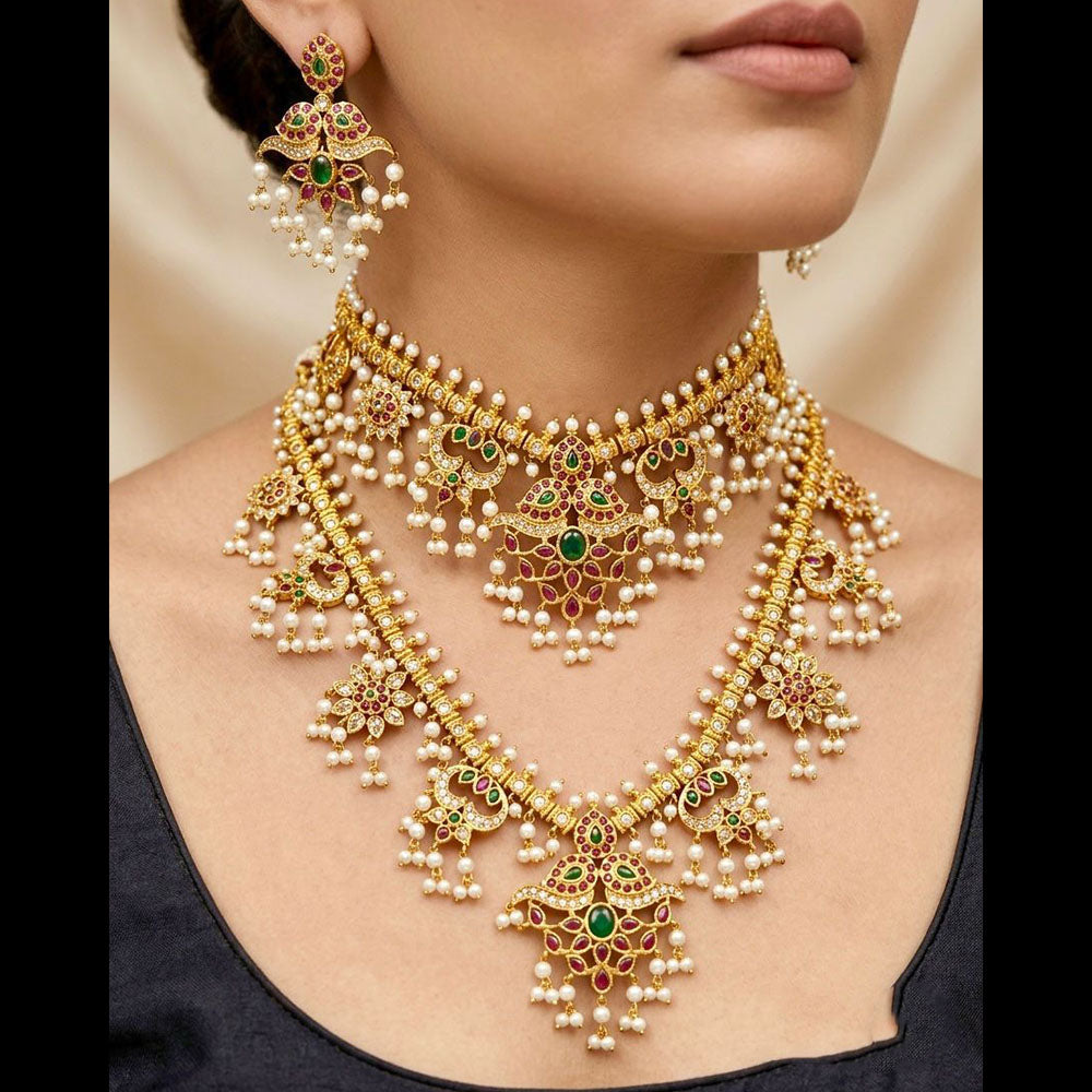 JCM Ethnic Style Pota Stones And Pearl Double Necklace Set
