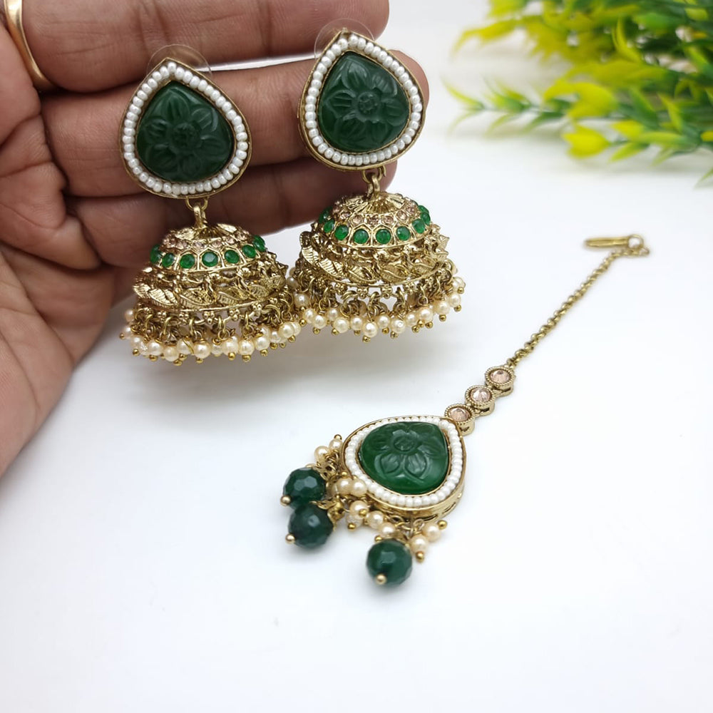 JCM Festive Pota Stone And Pearl Jhumki Earrings With Maangtikka